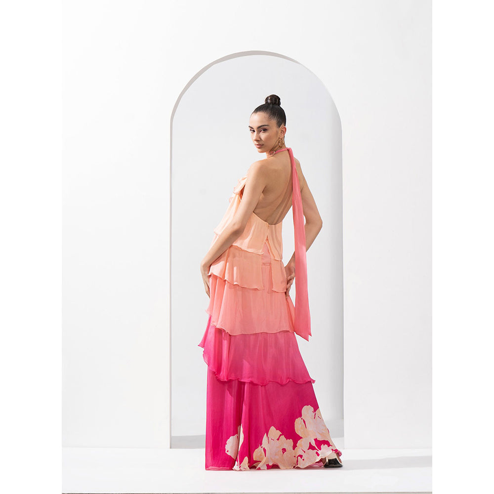 MANDIRA WIRK Ombre Placement Chiffon Tiered Dress Delicate Hand Embroidery On Neckline