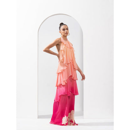MANDIRA WIRK Ombre Placement Chiffon Tiered Dress Delicate Hand Embroidery On Neckline