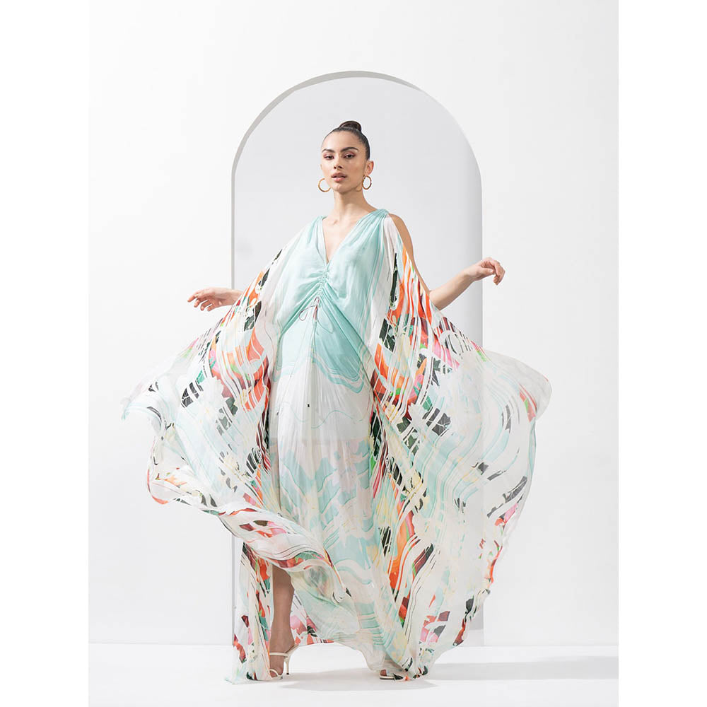 MANDIRA WIRK Ocean Blue Placement Chiffon Kaftan with A Line Hem & Ruched Detailing