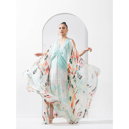 MANDIRA WIRK Ocean Blue Placement Chiffon Kaftan with A Line Hem & Ruched Detailing