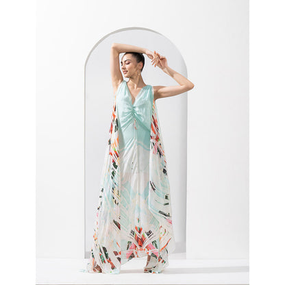 MANDIRA WIRK Ocean Blue Placement Chiffon Kaftan with A Line Hem & Ruched Detailing