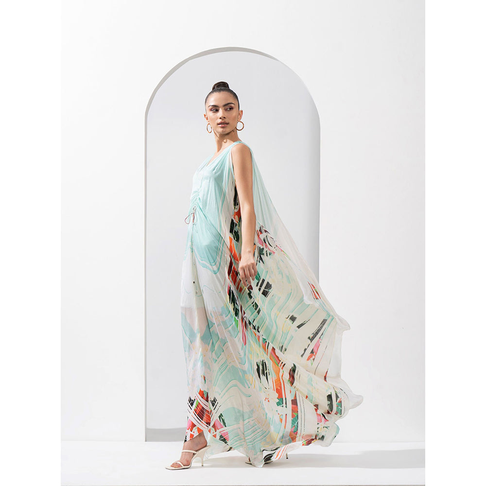 MANDIRA WIRK Ocean Blue Placement Chiffon Kaftan with A Line Hem & Ruched Detailing