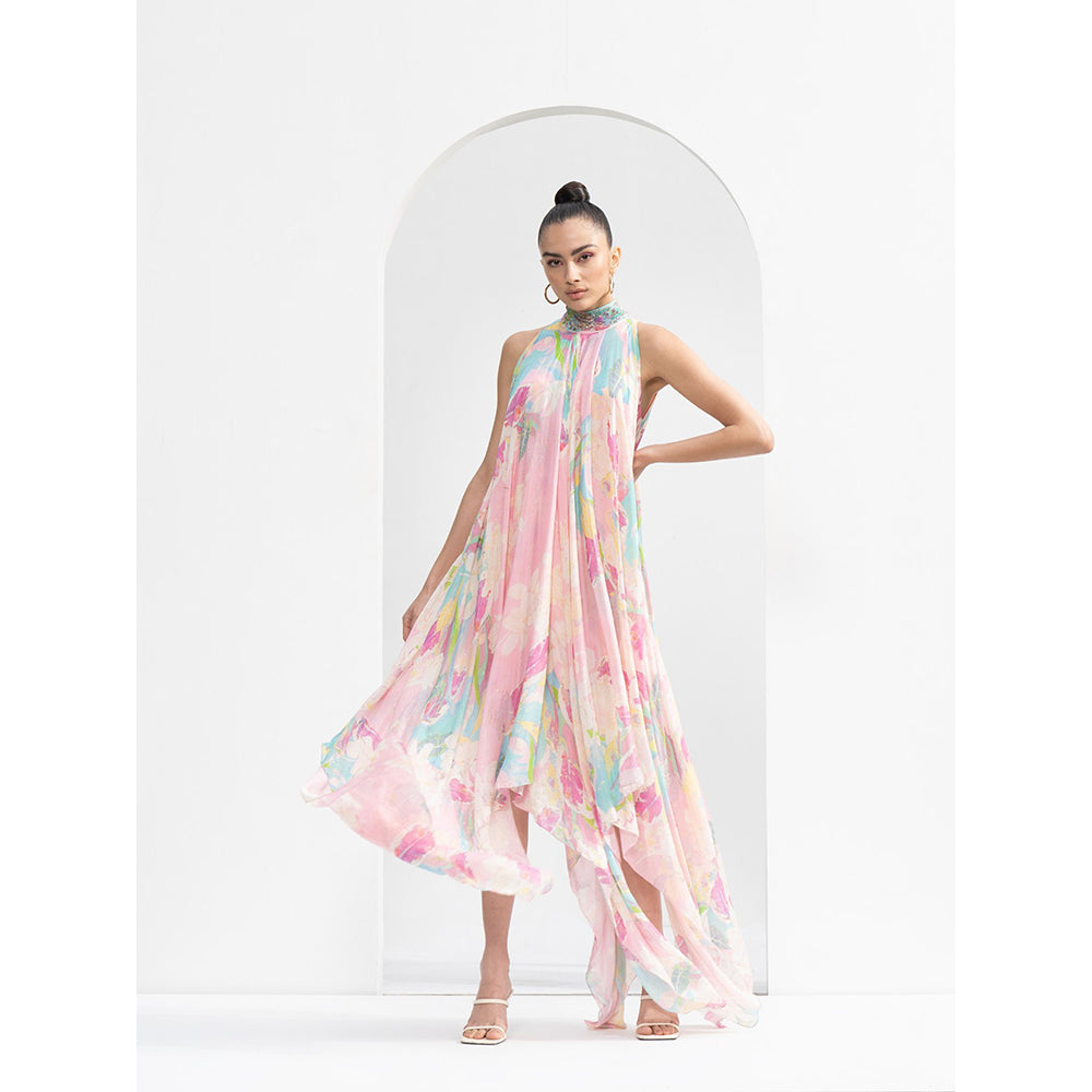 MANDIRA WIRK Gold Foil Tropical Chiffon High Low Dress with Hand Embroidered Collar