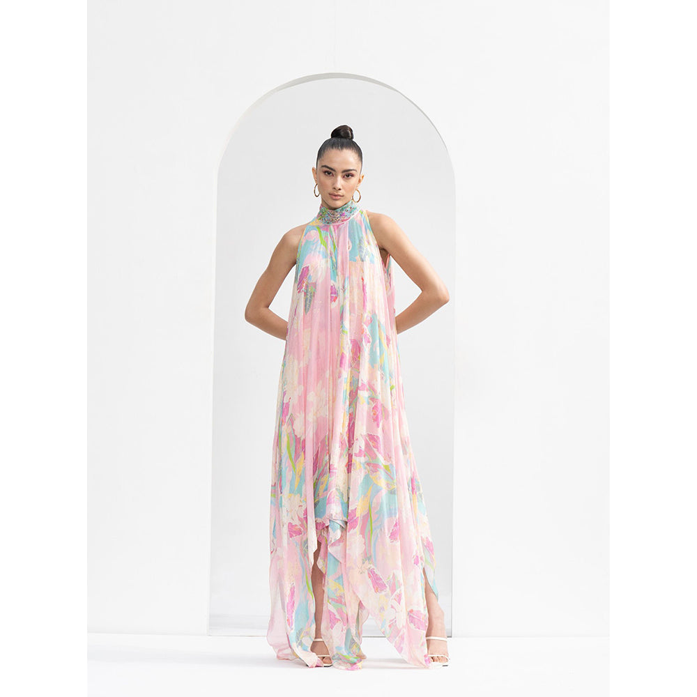 MANDIRA WIRK Gold Foil Tropical Chiffon High Low Dress with Hand Embroidered Collar