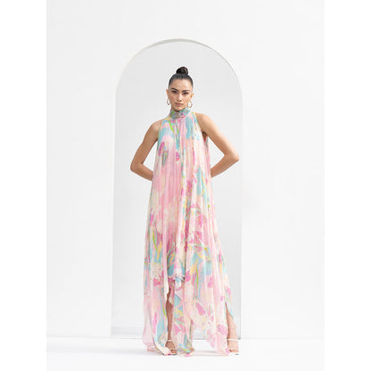 MANDIRA WIRK Gold Foil Tropical Chiffon High Low Dress with Hand Embroidered Collar