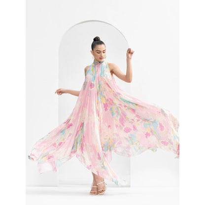 MANDIRA WIRK Gold Foil Tropical Chiffon High Low Dress with Hand Embroidered Collar