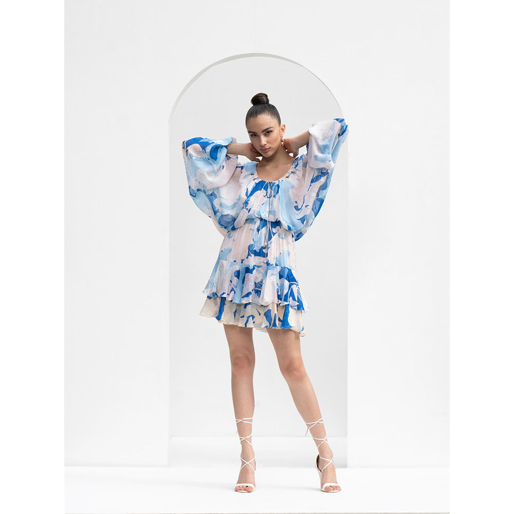 MANDIRA WIRK Mystic Blue Chiffon Short Dress with Gold Eyelet Detailing