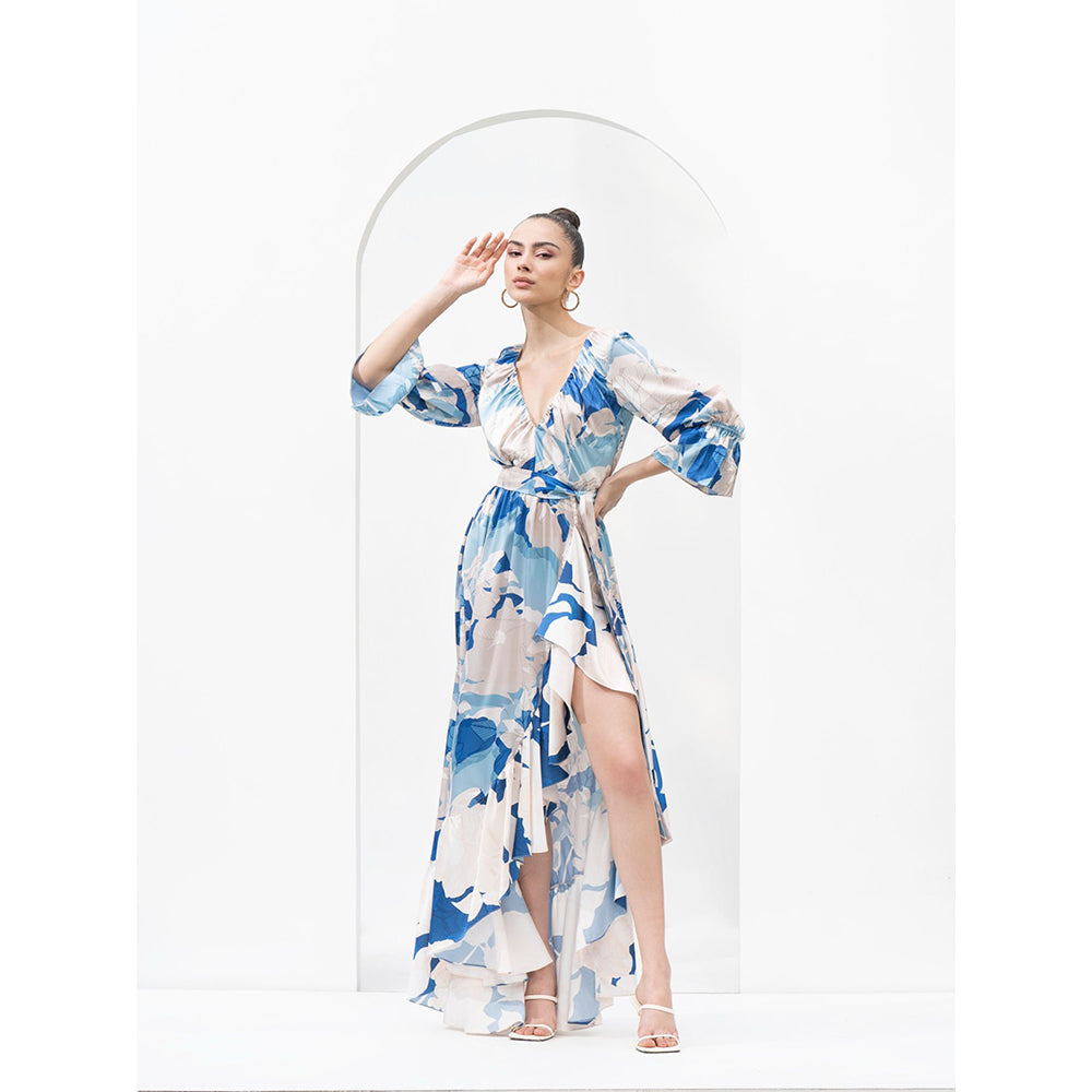 MANDIRA WIRK Mystic Blue Texture Dress with Asymmetric Hemline