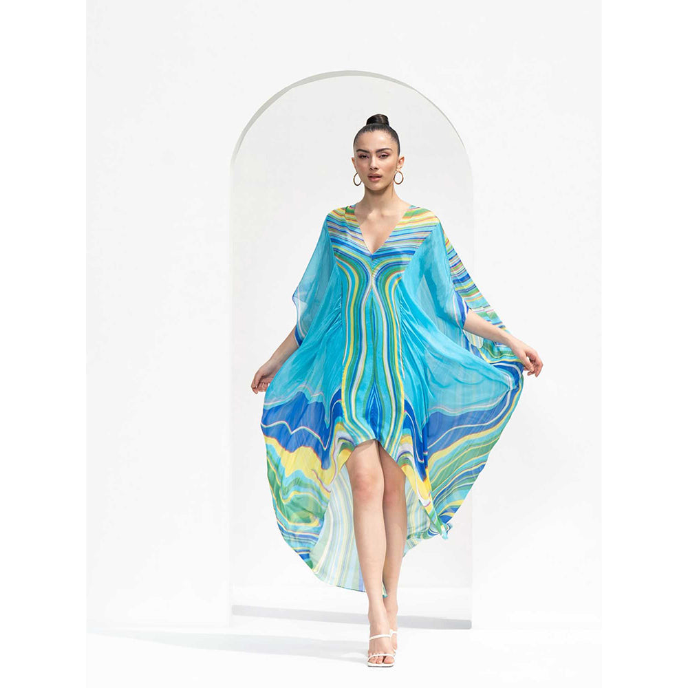 MANDIRA WIRK Blue Marble Placement Chiffon Kaftan Dress Designed with High Low Hem