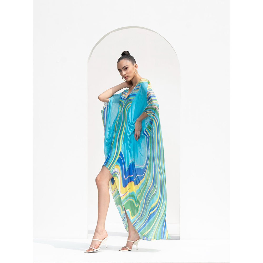 MANDIRA WIRK Blue Marble Placement Chiffon Kaftan Dress Designed with High Low Hem