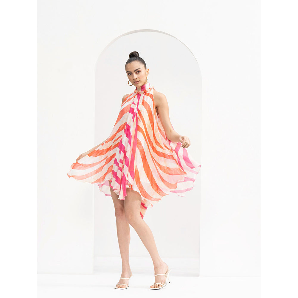 MANDIRA WIRK Fuchsia Coral Waves Print Blocked Short Dress Ruffled Detailed On Neckline