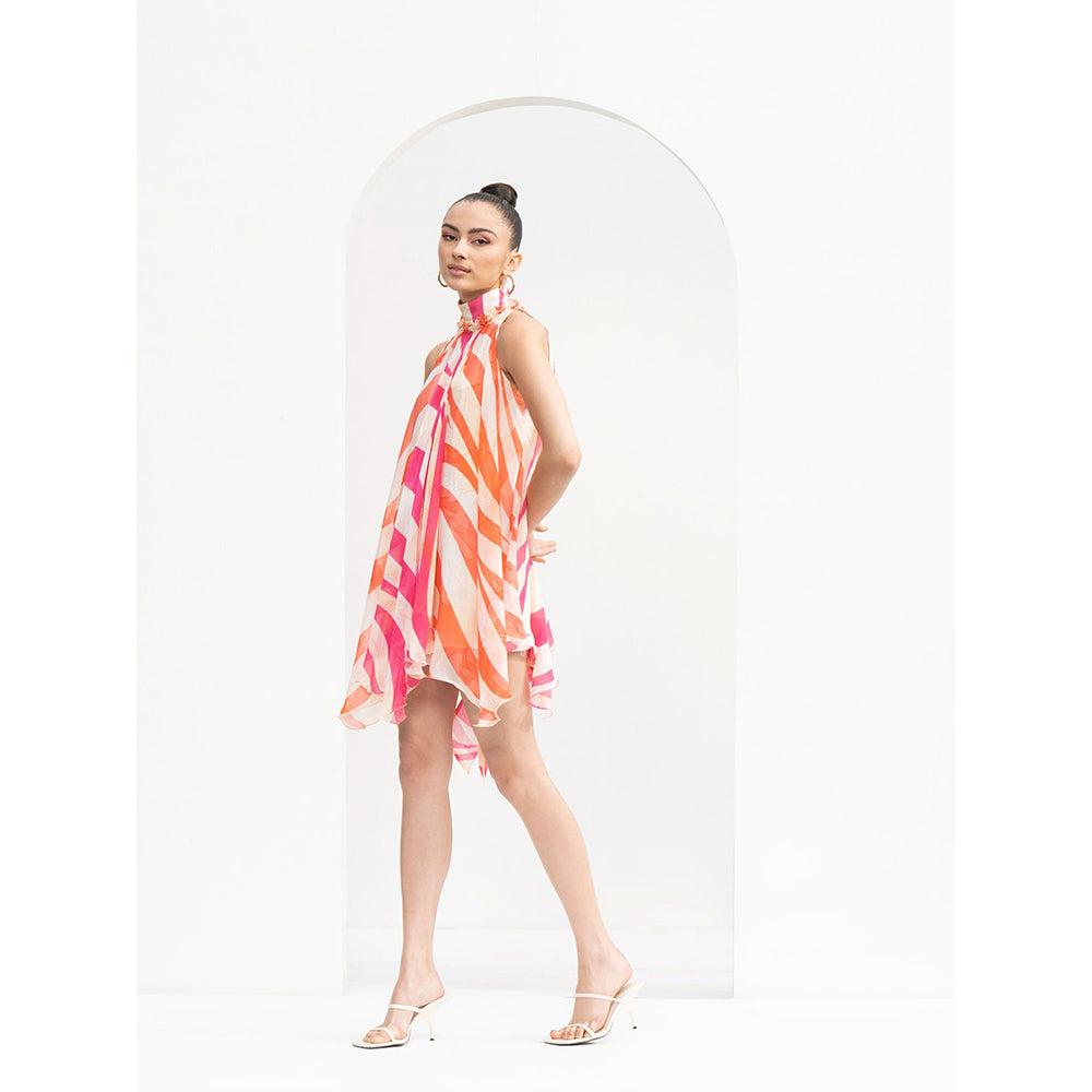 MANDIRA WIRK Fuchsia Coral Waves Print Blocked Short Dress Ruffled Detailed On Neckline