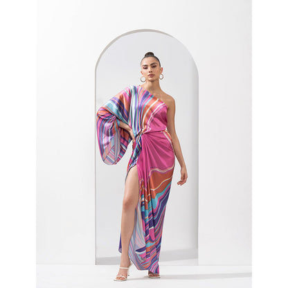 MANDIRA WIRK Marble Placement Draped Dress Made with Lustrous Satin