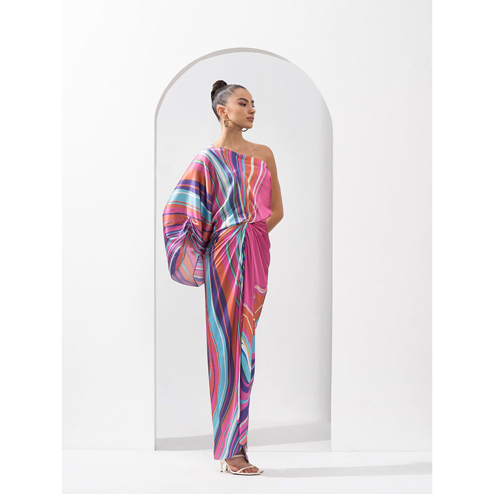 MANDIRA WIRK Marble Placement Draped Dress Made with Lustrous Satin