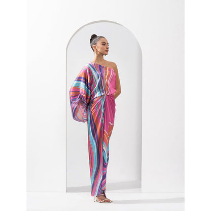 MANDIRA WIRK Marble Placement Draped Dress Made with Lustrous Satin