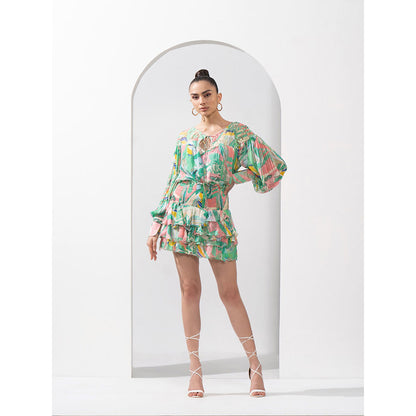 MANDIRA WIRK Mint & Pink Abstract Top & Skirt with Cutwork Chantley Detailing (Set of 2)