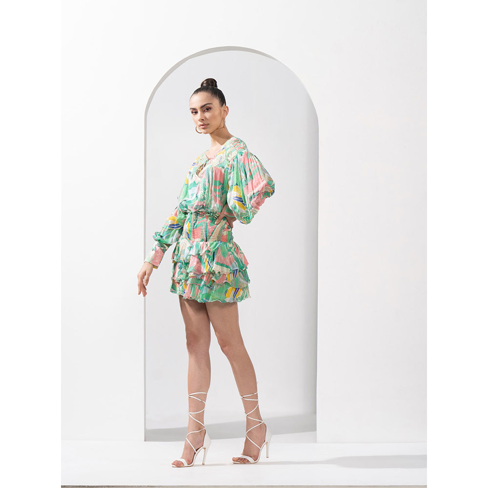 MANDIRA WIRK Mint & Pink Abstract Top & Skirt with Cutwork Chantley Detailing (Set of 2)