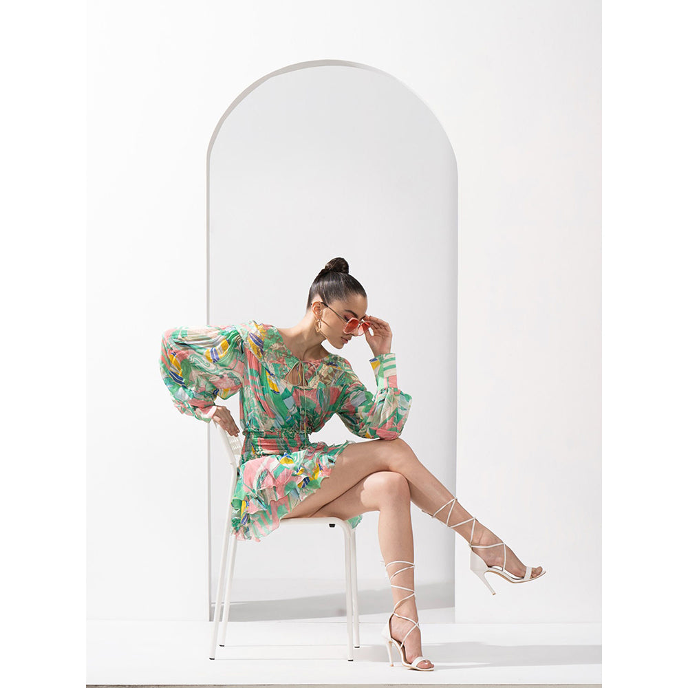 MANDIRA WIRK Mint & Pink Abstract Top & Skirt with Cutwork Chantley Detailing (Set of 2)