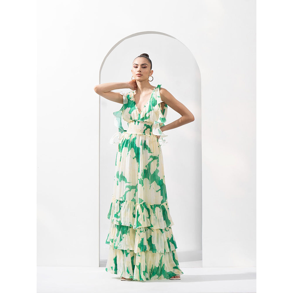 MANDIRA WIRK Bling Texture Chiffon Tiered Dress with Smocking Detail On Waistline