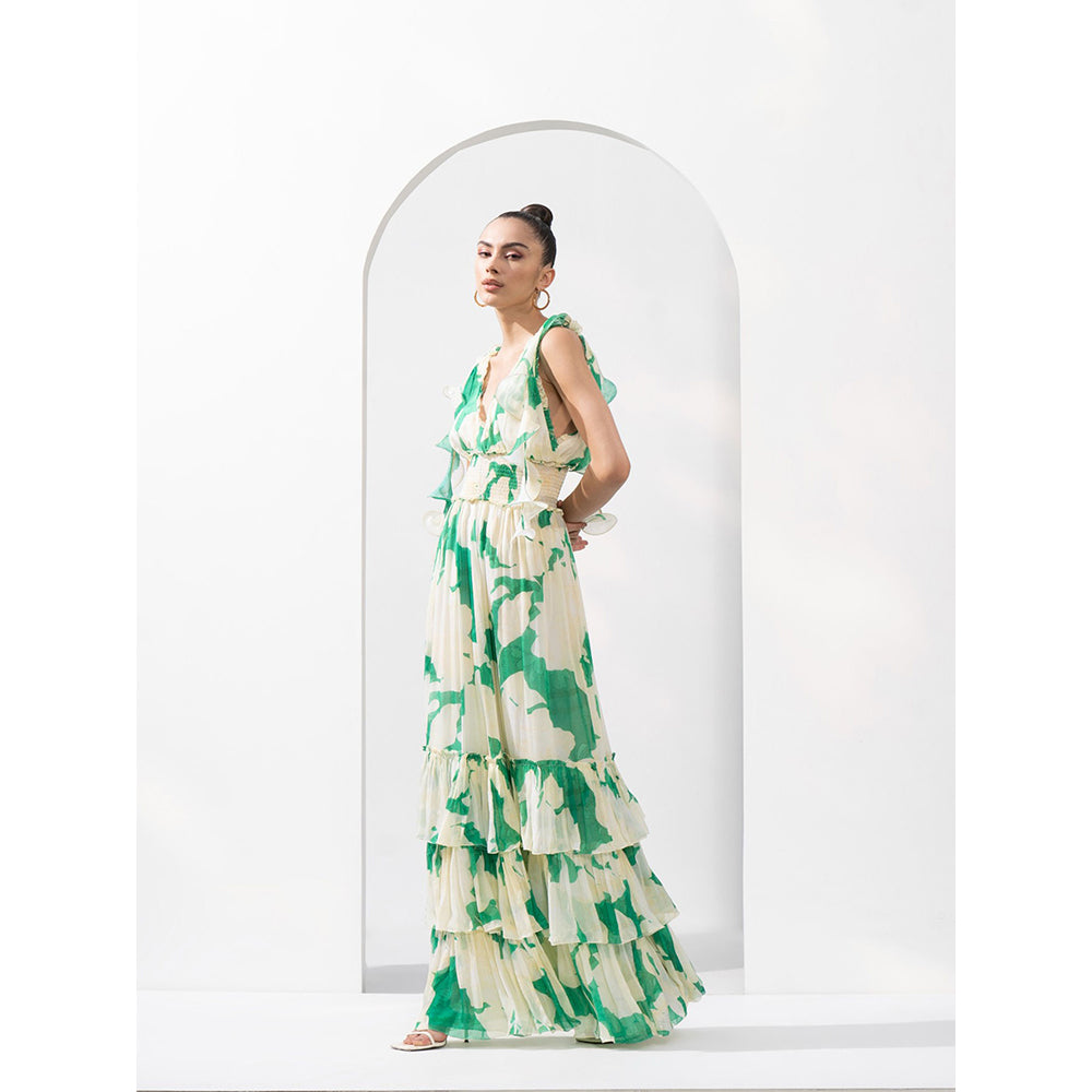 MANDIRA WIRK Bling Texture Chiffon Tiered Dress with Smocking Detail On Waistline