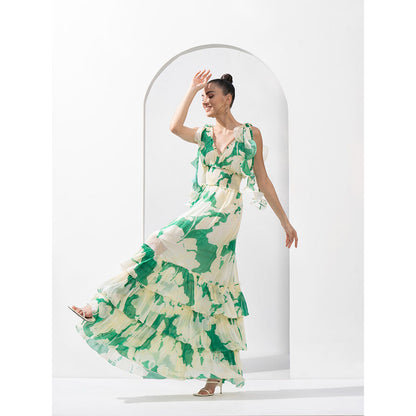 MANDIRA WIRK Bling Texture Chiffon Tiered Dress with Smocking Detail On Waistline