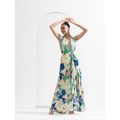 MANDIRA WIRK Chiffon Placement Draped Halter Neck Dress with Silver Accessory