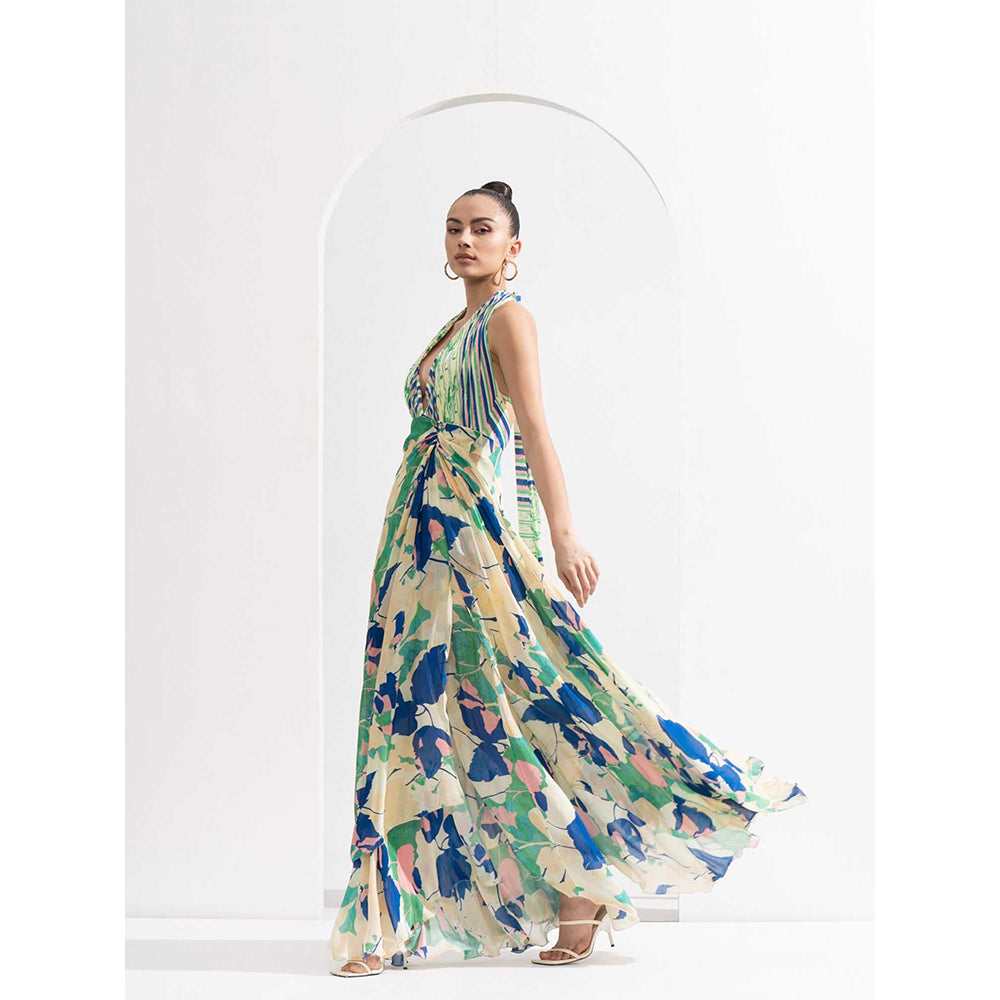 MANDIRA WIRK Chiffon Placement Draped Halter Neck Dress with Silver Accessory