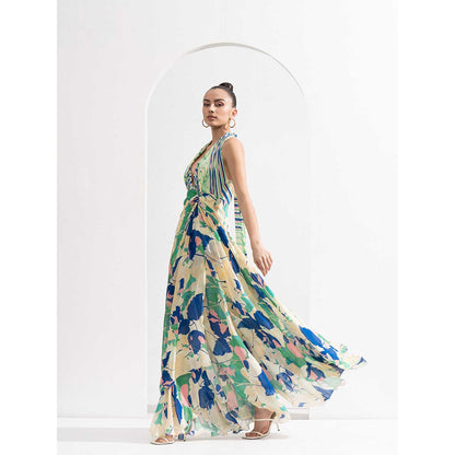 MANDIRA WIRK Chiffon Placement Draped Halter Neck Dress with Silver Accessory