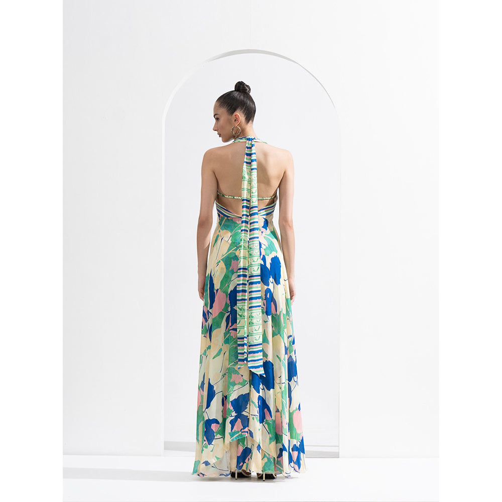 MANDIRA WIRK Chiffon Placement Draped Halter Neck Dress with Silver Accessory