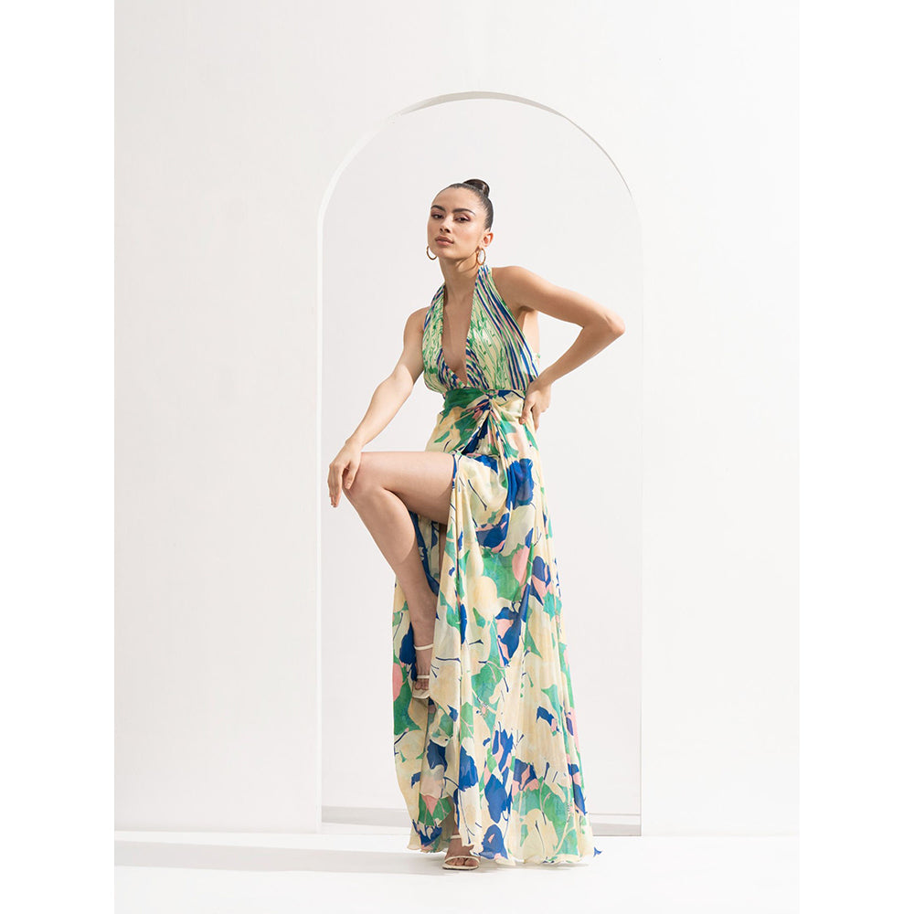 MANDIRA WIRK Chiffon Placement Draped Halter Neck Dress with Silver Accessory