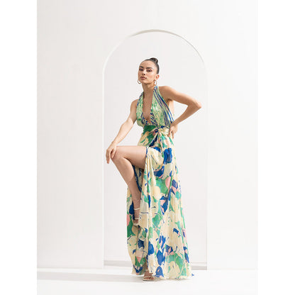 MANDIRA WIRK Chiffon Placement Draped Halter Neck Dress with Silver Accessory