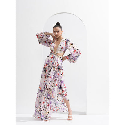 MANDIRA WIRK Purple Orchid Georgette Lurex & Chiffon Dress Side Cutouts & Silver Accessory