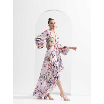 MANDIRA WIRK Purple Orchid Georgette Lurex & Chiffon Dress Side Cutouts & Silver Accessory