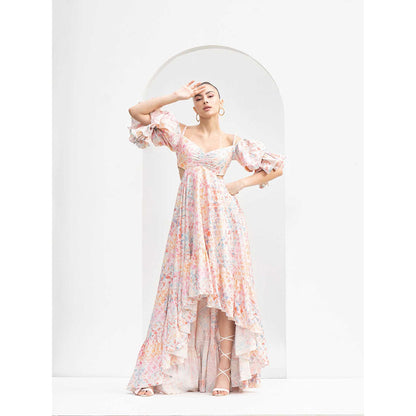 MANDIRA WIRK Leaf Magic Lurex Jacquard High Low Dress with Side Cutouts