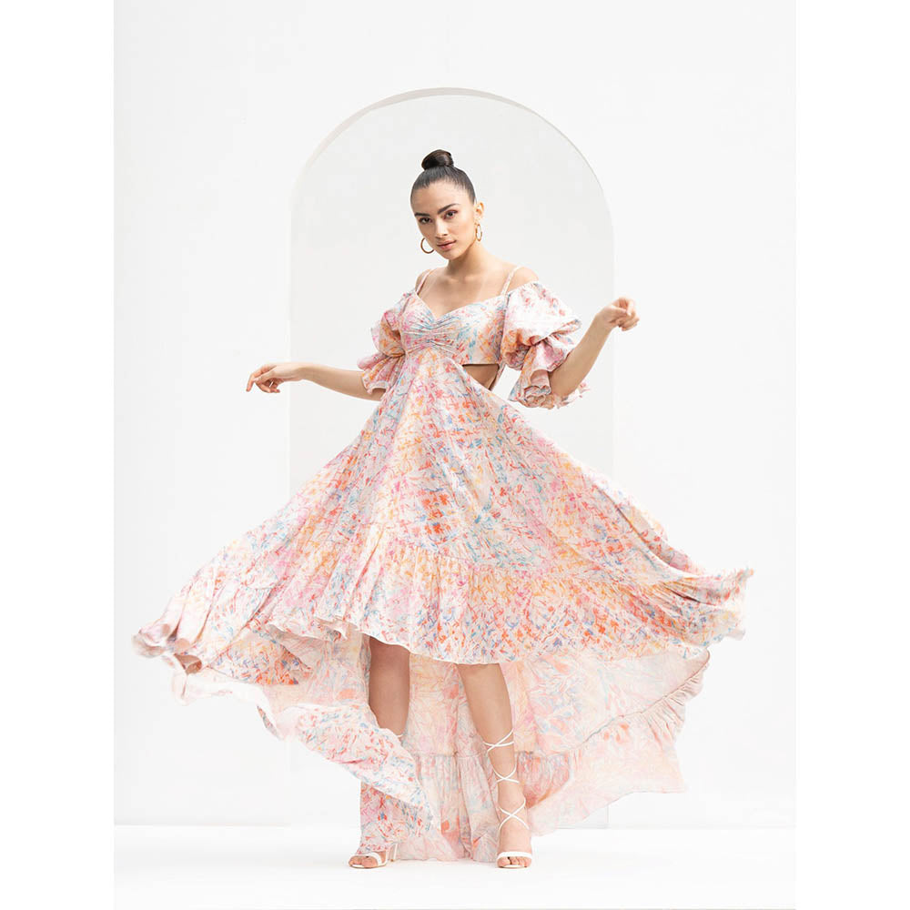 MANDIRA WIRK Leaf Magic Lurex Jacquard High Low Dress with Side Cutouts