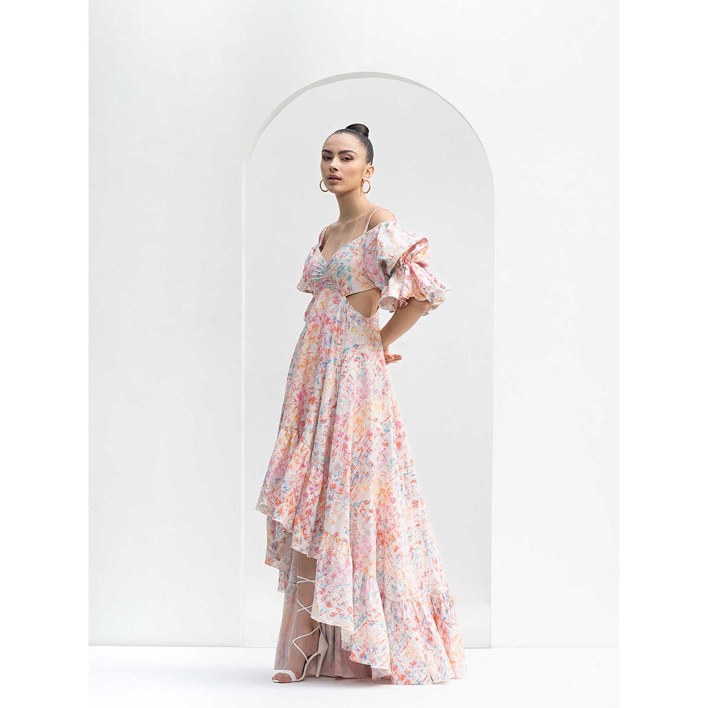 MANDIRA WIRK Leaf Magic Lurex Jacquard High Low Dress with Side Cutouts