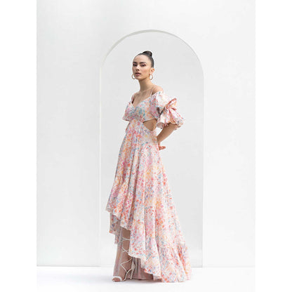 MANDIRA WIRK Leaf Magic Lurex Jacquard High Low Dress with Side Cutouts