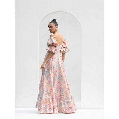 MANDIRA WIRK Leaf Magic Lurex Jacquard High Low Dress with Side Cutouts