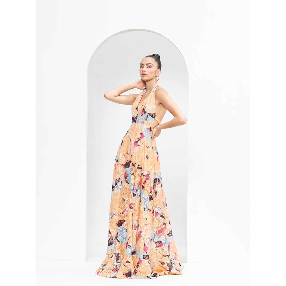 MANDIRA WIRK Mystic Beige Long Dress Made From Cutwork Chantley with Halter Neckline