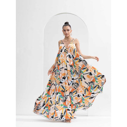 MANDIRA WIRK Abstract Satin Long Loose Fit Dress with Gold Eyelet Detailing