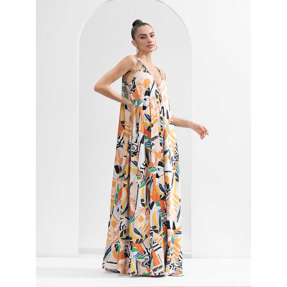 MANDIRA WIRK Abstract Satin Long Loose Fit Dress with Gold Eyelet Detailing
