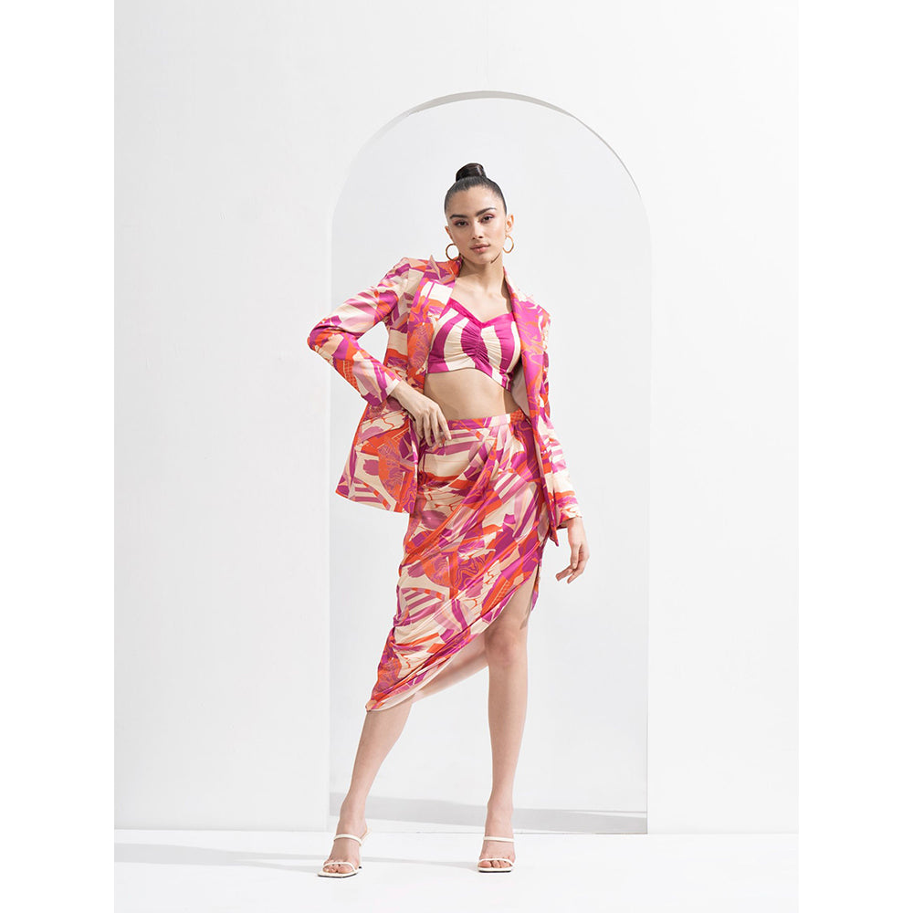 MANDIRA WIRK Fuchsia Abstract Blazer & Fuchsia Waves Bustier with Draped Skirt (Set of 3)