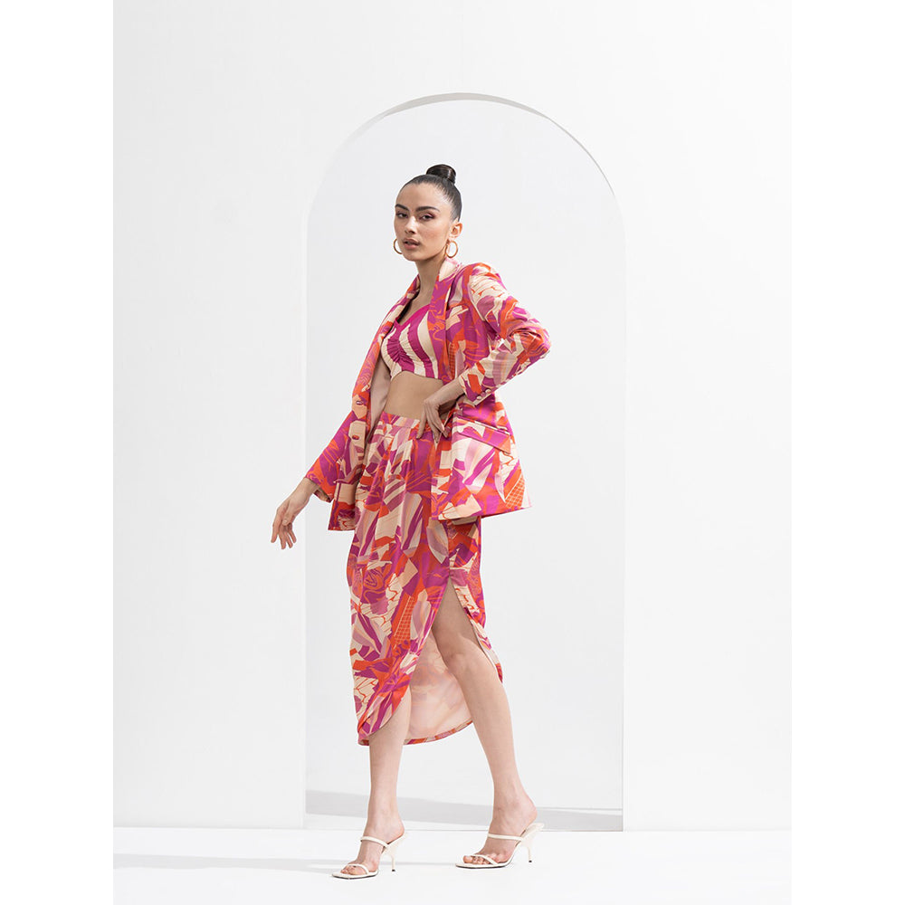 MANDIRA WIRK Fuchsia Abstract Blazer & Fuchsia Waves Bustier with Draped Skirt (Set of 3)