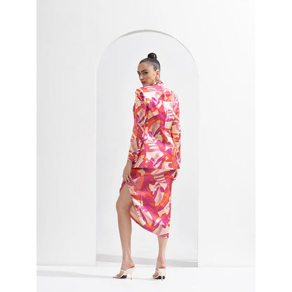 MANDIRA WIRK Fuchsia Abstract Blazer & Fuchsia Waves Bustier with Draped Skirt (Set of 3)