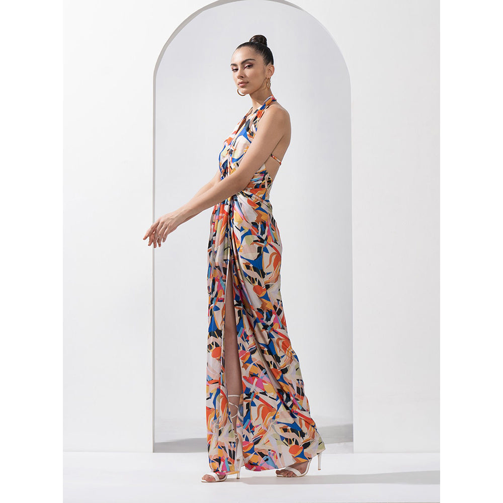 MANDIRA WIRK Abstract Geo Draped Halter Neck Dress Made with Lustrous Satin