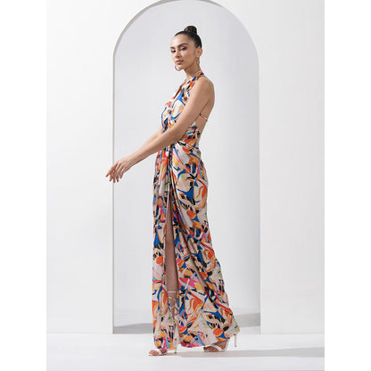 MANDIRA WIRK Abstract Geo Draped Halter Neck Dress Made with Lustrous Satin