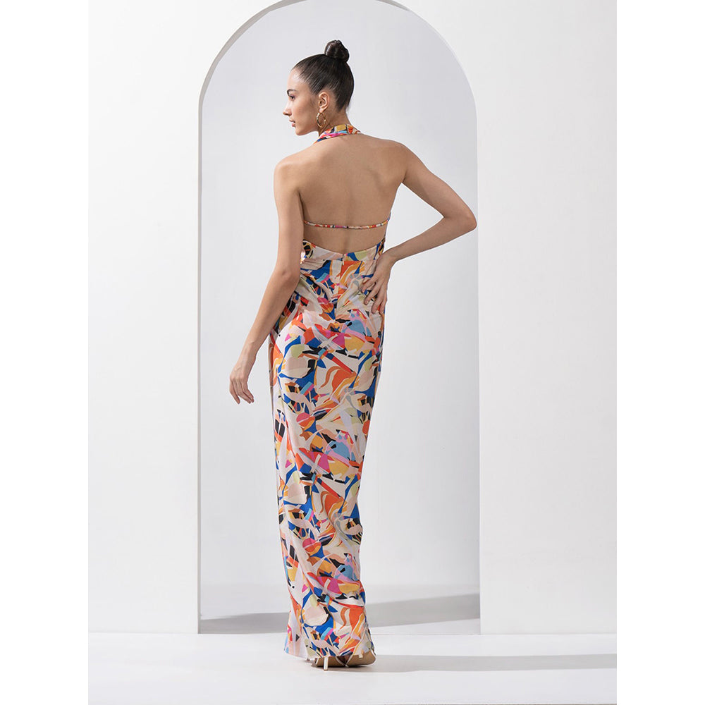 MANDIRA WIRK Abstract Geo Draped Halter Neck Dress Made with Lustrous Satin