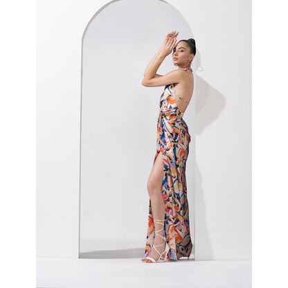 MANDIRA WIRK Abstract Geo Draped Halter Neck Dress Made with Lustrous Satin