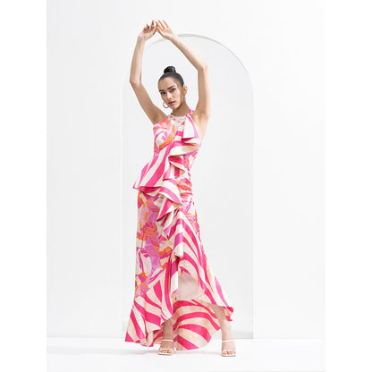 MANDIRA WIRK Pink Abstract Lustrous Satin Bodycon Dress with Asymmetric Frill & Gold Accessory