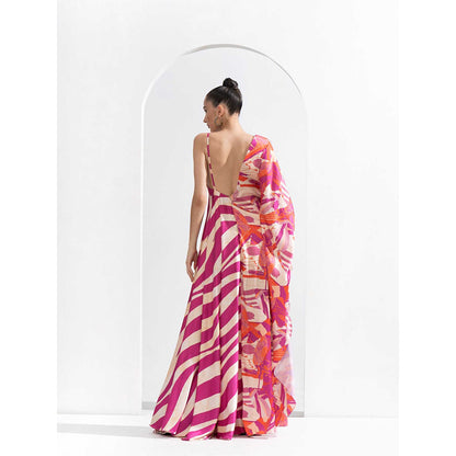 MANDIRA WIRK Fuchsia Print Blocked Kaftan Dress Made From Lustrous Satin with Deep Back